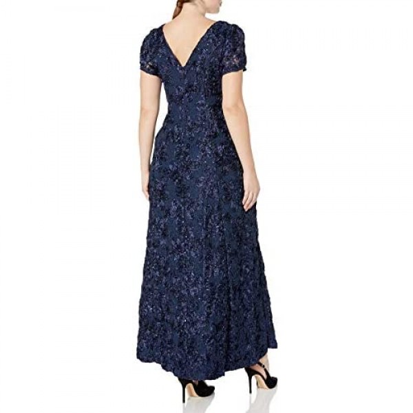 Alex Evenings Women's Plus Size Long A-Line Rosette Dress with Short Sleeves