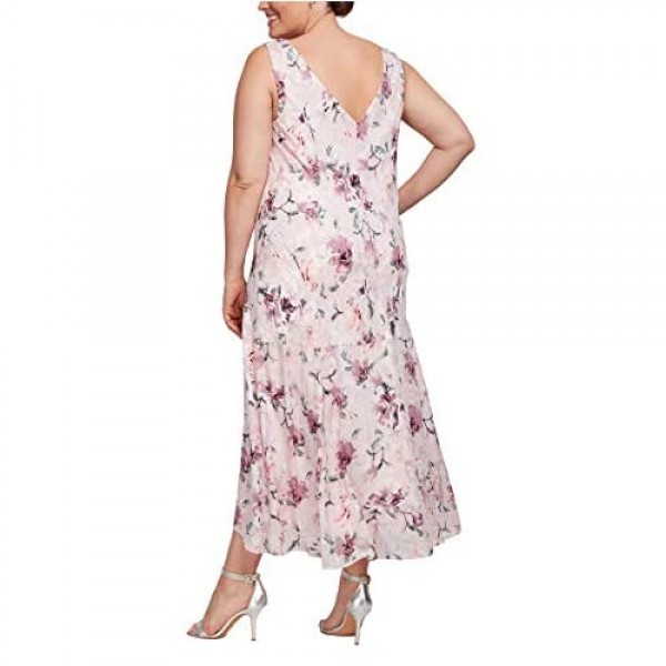 Alex Evenings Women's Plus Size Tea Length Printed Chiffon Dress with Shawl