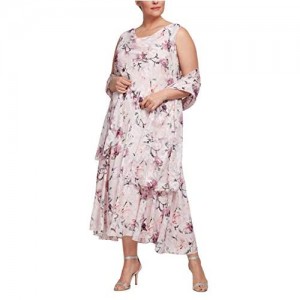 Alex Evenings Women's Plus Size Tea Length Printed Chiffon Dress with Shawl