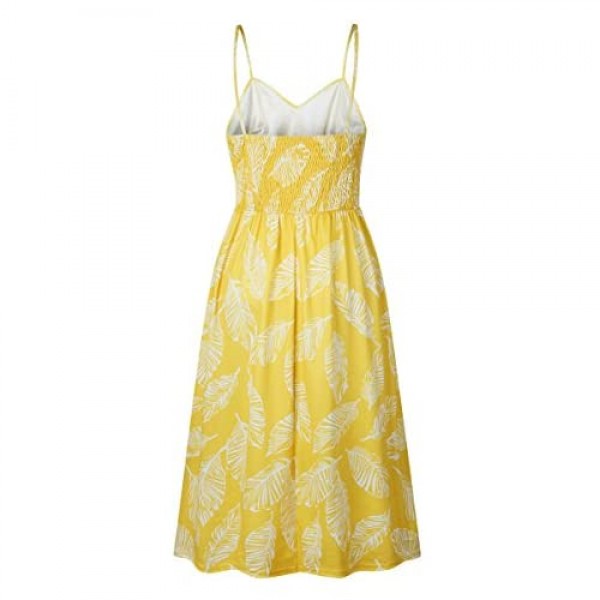 Angashion Women's Dresses-Summer Floral Bohemian Adjustable Spaghetti Strap Button Down Swing Midi Dress with Pockets