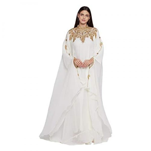 ANIIQ Women Kaftan Farasha Long Maxi Dress Long Sleeves Ethnic Bridal Evening Party Dress with Free Scarf | Size- Free