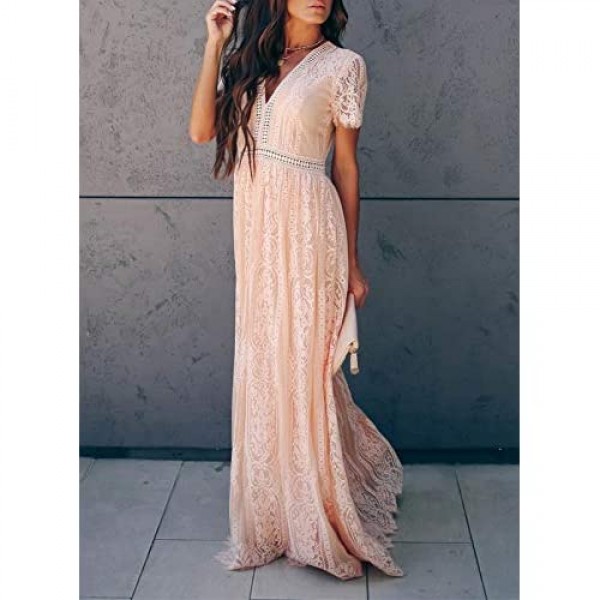 BLENCOT Women's Casual Floral Lace V Neck Short Sleeve Long Evening Dress Cocktail Party Maxi Wedding Dress