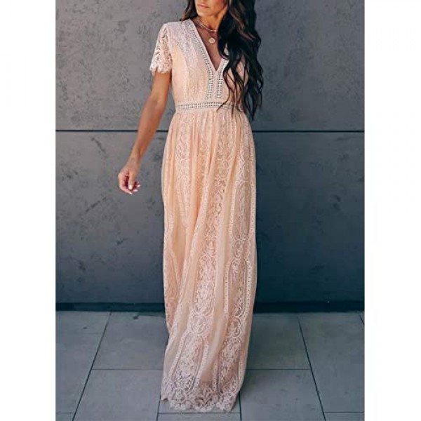BLENCOT Women's Casual Floral Lace V Neck Short Sleeve Long Evening Dress Cocktail Party Maxi Wedding Dress