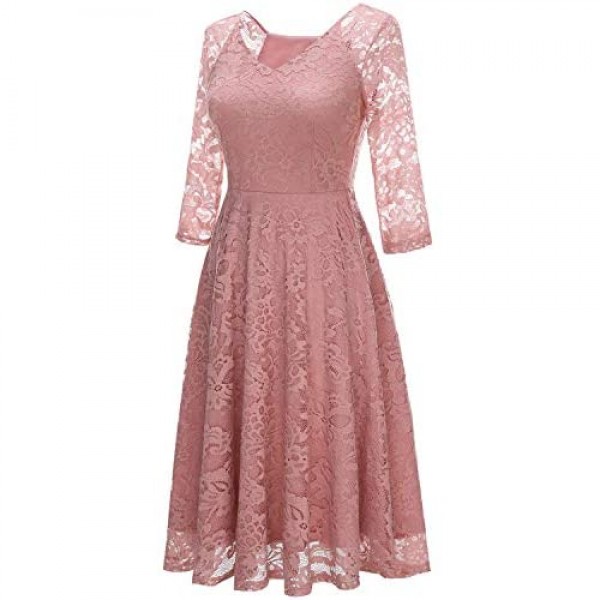 Dressystar Long-Sleeve A-Line Lace Bridesmaid Dress Midi for Wedding Formal Party