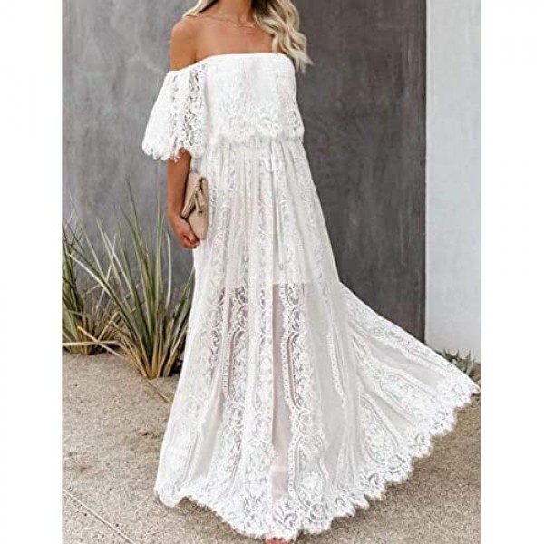 Ecosunny Women's Deep V Neck Short Sleeve Floral Lace Bridesmaid Maxi Dress Party Gown