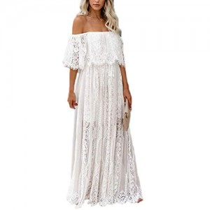 Ecosunny Women's Deep V Neck Short Sleeve Floral Lace Bridesmaid Maxi Dress Party Gown
