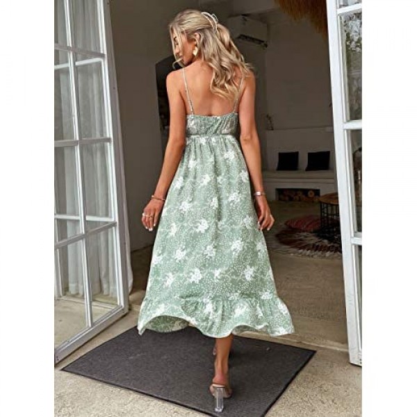 GRACEVINES Women’s Summer Floral Smocked Tie Front Strappy Sundress a Line Ruffle Swing Midi Dress