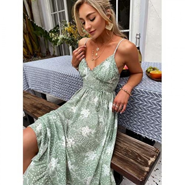 GRACEVINES Women’s Summer Floral Smocked Tie Front Strappy Sundress a Line Ruffle Swing Midi Dress
