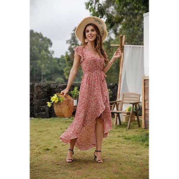 GRECERELLE Women's Summer Floral Print Cross V Neck Dress Bohemian Flowy Long Maxi Dresses