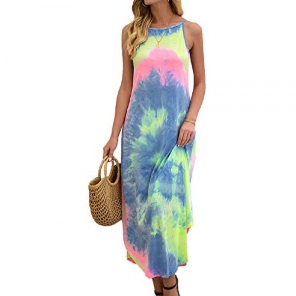 Halife Women's Summer Casual Stripe Sleeveless Loose Beach Maxi Dress