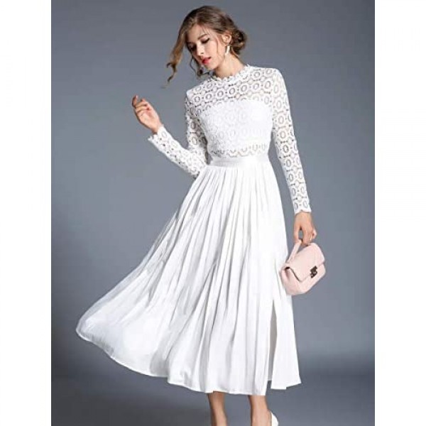 HAOKEKE Women Long Sleeves Solid White Hollow Out Patchwork Chiffon Long Pleated Dress