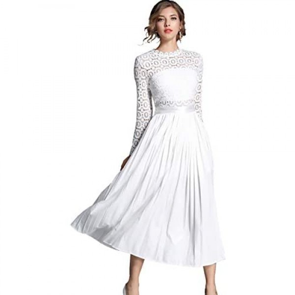 HAOKEKE Women Long Sleeves Solid White Hollow Out Patchwork Chiffon Long Pleated Dress