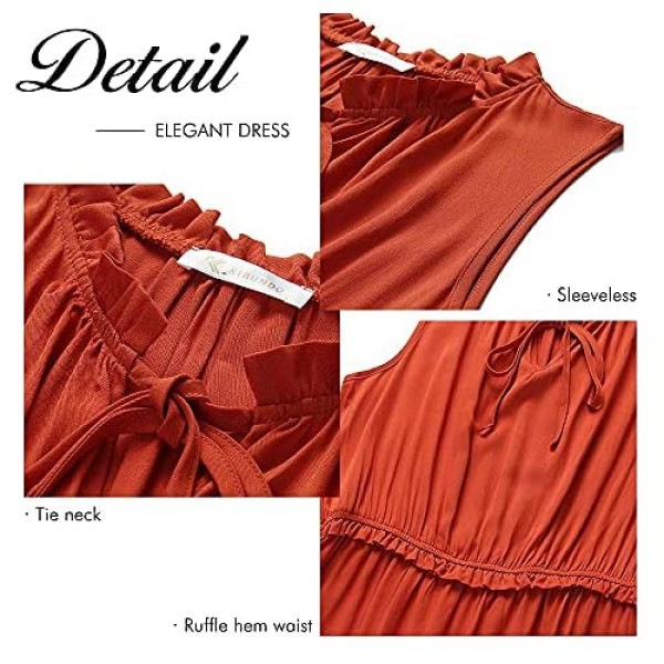 KIRUNDO 2021 Summer Women’s Sleeveless Maxi Dress Solid Color Round Neck Tie Neck Dress High Waist Ruffle Hem A-Line Dress