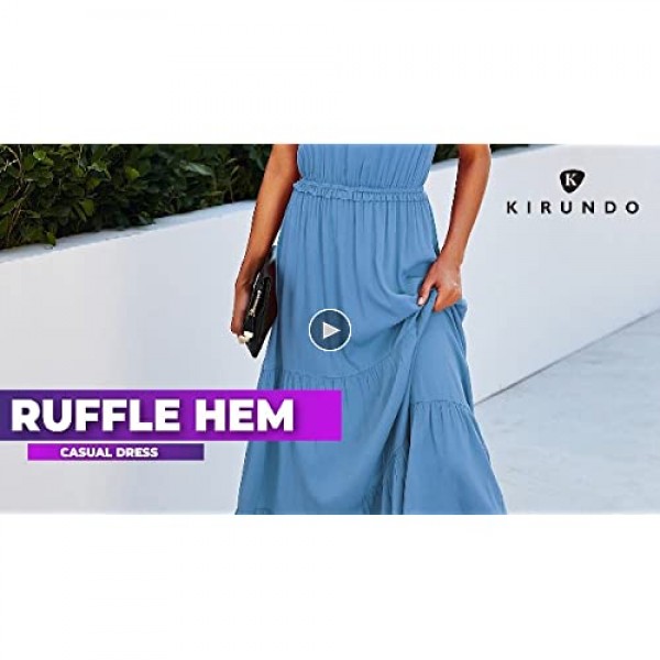 KIRUNDO 2021 Summer Women’s Sleeveless Maxi Dress Solid Color Round Neck Tie Neck Dress High Waist Ruffle Hem A-Line Dress