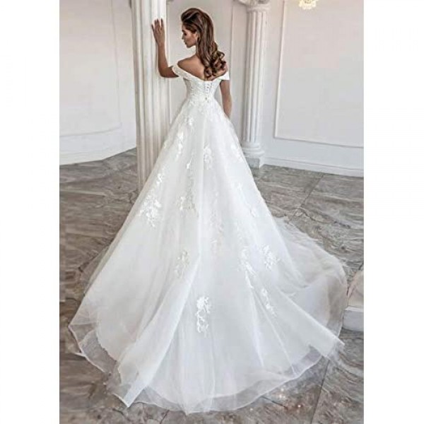 Lace Train Wedding Dress for Bride Aline Applique Bride Dress Long Tulle Off Shoulder Strapless
