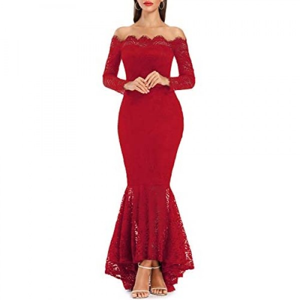 LALAGEN Women's Floral Lace Long Sleeve Off Shoulder Wedding Mermaid Dress Red S-1218