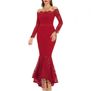 LALAGEN Women's Floral Lace Long Sleeve Off Shoulder Wedding Mermaid Dress Red S-1218