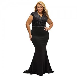 LALAGEN Women's Short Sleeve Rhinestone Plus Size Long Cocktail Evening Dress