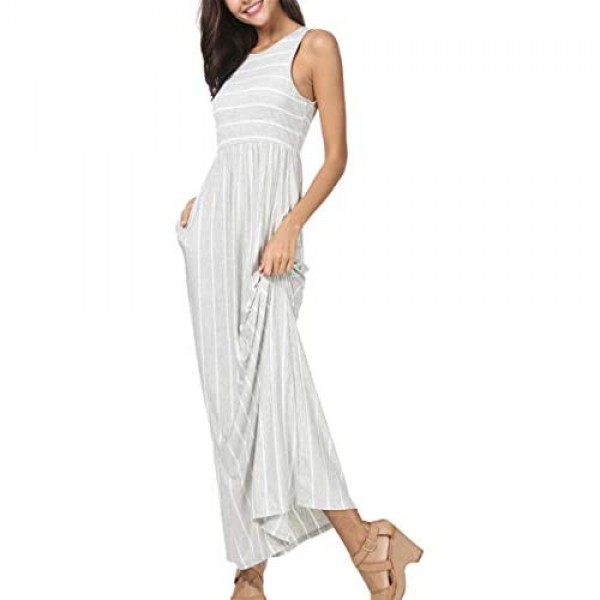 levaca Women's Summer Sleeveless Striped Pockets Casual Loose Swing Maxi Dress