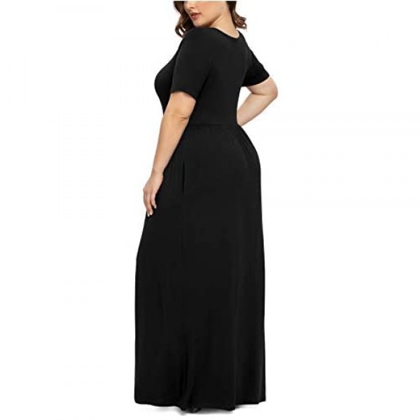 LONGYUAN Women Short Sleeve Casual L-6XL Plus Size Maxi Dress with Pockets