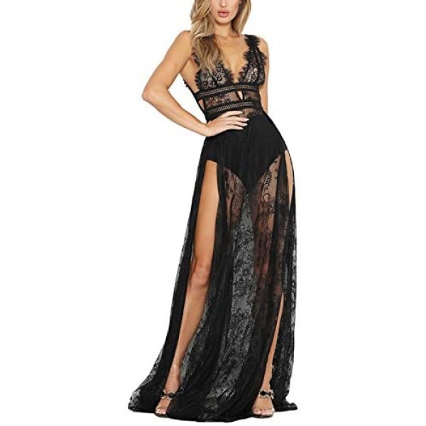 Meenew Women's Sexy See Through High Slit Long Maxi Lace Dress Lingerie Gown