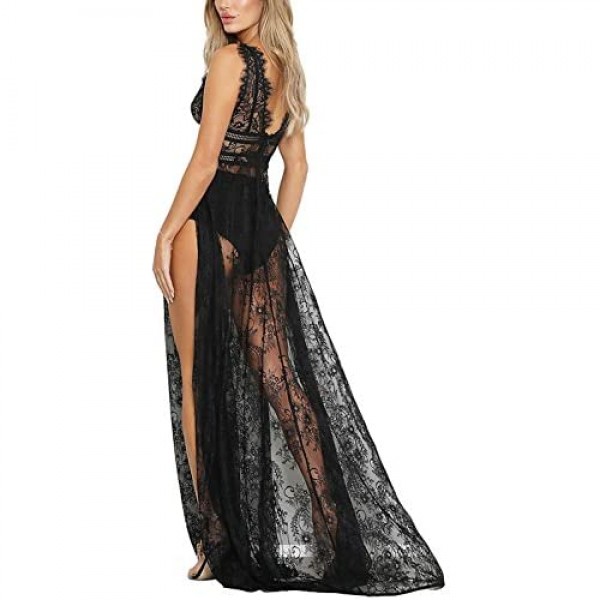 Meenew Women's Sexy See Through High Slit Long Maxi Lace Dress Lingerie Gown