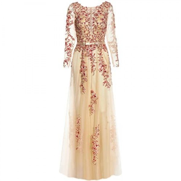 Meier Women's Illusion Long Sleeve Embroidery Prom Formal Dress