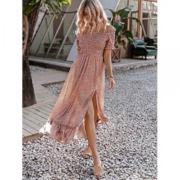 Miessial Women's Polka Dot Off Shoulder Long Dress Cute Summer Split Maxi Dress