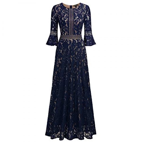 MISSMAY Women's Vintage Full Lace Contrast Bell Sleeve Formal Long Dress