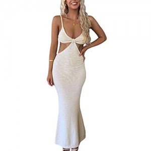 NUFIWI Womens Sexy Knitted Cut Out Spaghetti Strap Long Dresses Halter Neck Backless Maxi Dress Club Party Y2K Streetwear