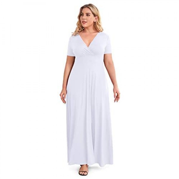 POSESHE Women's Solid V-Neck Short Sleeve Plus Size Evening Party Maxi Dress
