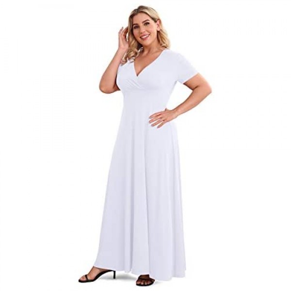 POSESHE Women's Solid V-Neck Short Sleeve Plus Size Evening Party Maxi Dress
