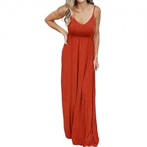 PRIMODA Women's Summer Casual Sleeveless V Neck Adjustable Spaghetti Strap Maxi Long Dress