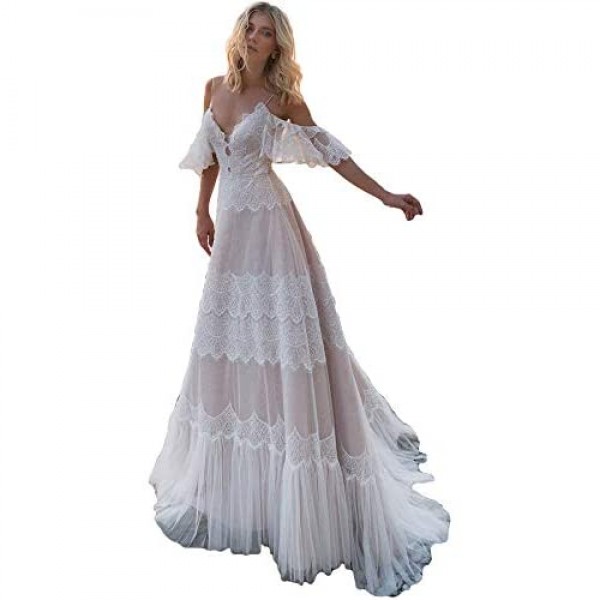 Sorayan Women's Wedding Dresses Chic Lace Evening Dresses Bohemian V Neck Ruffle Sleeves Wedding Gowns