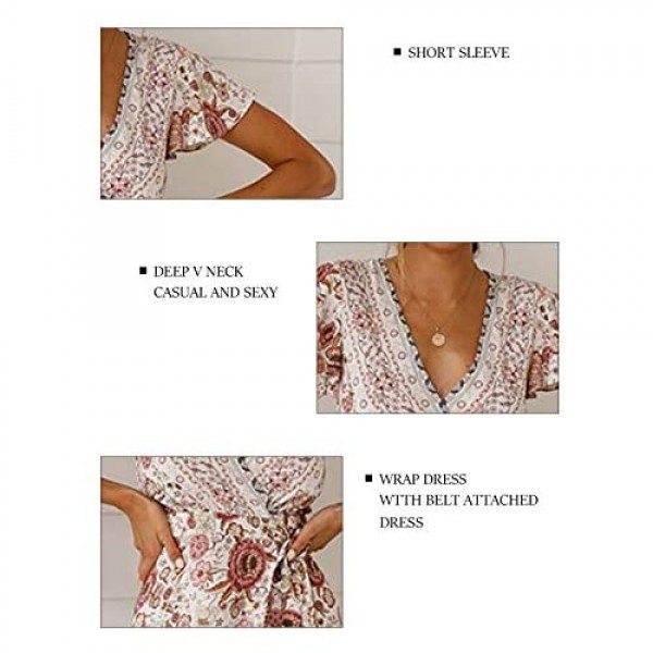 TEMOFON Women's Wrap Dresses Bohemian Floral Printed Summer Casual Short Sleeve V-Neck High Split Maxi Dress S-XL
