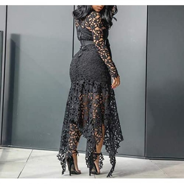 VERWIN Hollow Floor-Length Lace-Up Asymmetrical Women's Maxi Dress Sexy Lace Dress Party Evening Dress