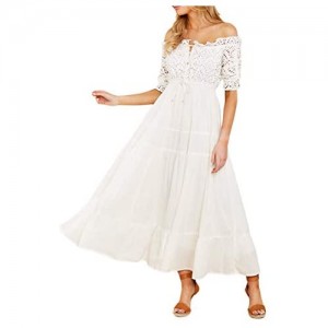 Vintagton Women’s Embroidered Off The Shoulder White Ruffle Maxi Dresses Boho Long Dress