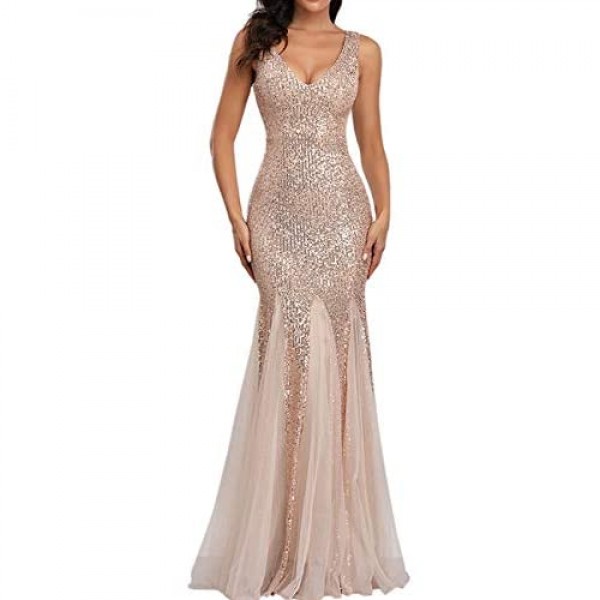 Womens Party Dress Sequins Tulle Sexy V-Neck Long Dress Sleeveless Formal Evening Prom Gowns