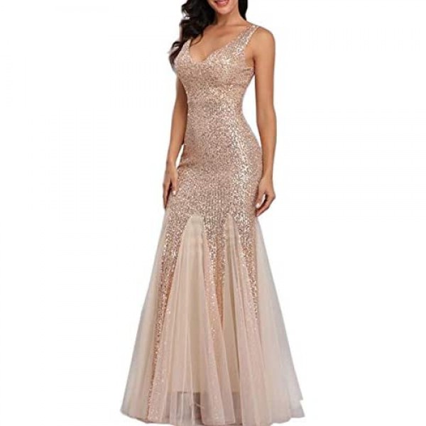 Womens Party Dress Sequins Tulle Sexy V-Neck Long Dress Sleeveless Formal Evening Prom Gowns