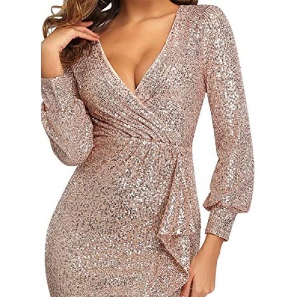 Women's Sparkle Glitzy Glam Sequin Stretch Slim Split Long Sleeve Evening Dress