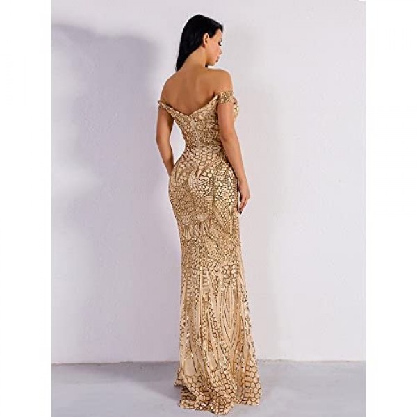 WRStore Women's Off Shoulder Sequined Evening Party Maxi Dress for Prom