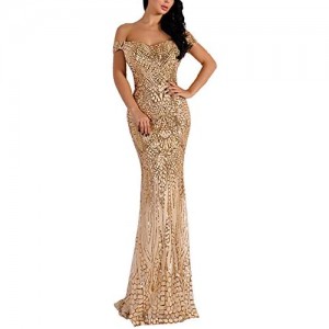 WRStore Women's Off Shoulder Sequined Evening Party Maxi Dress for Prom