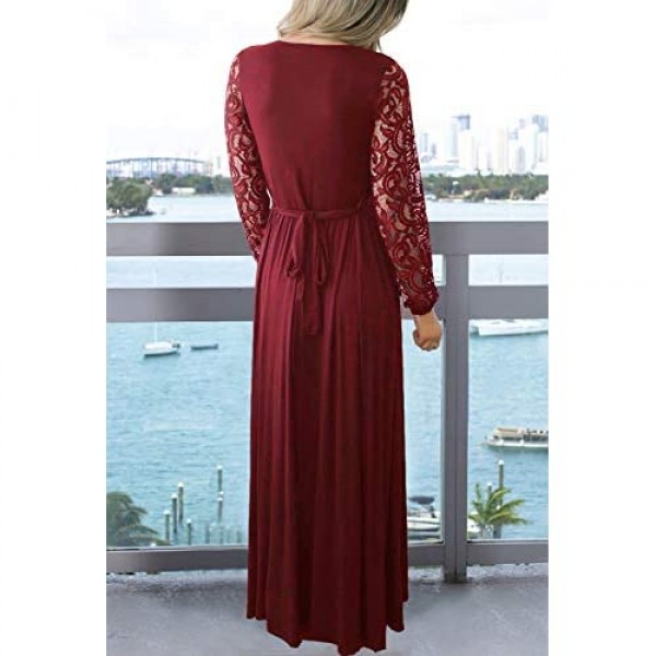 Zattcas Womens Vintage Floral Lace Long Sleeve Faux Wrap V Neck Party Long Maxi Dress