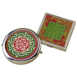 2 Classic Celtic Style Travel Pocket & Purse Mirror. 1 Round and 1 Square Double Sided Christmas Red & Green Irish Design Pattern Floral & Swirl
