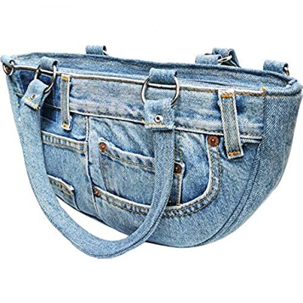 BDJ Upcycling Blue Denim Jean Half Moon Shape Top Handle Shoulder Women Handbag Purse