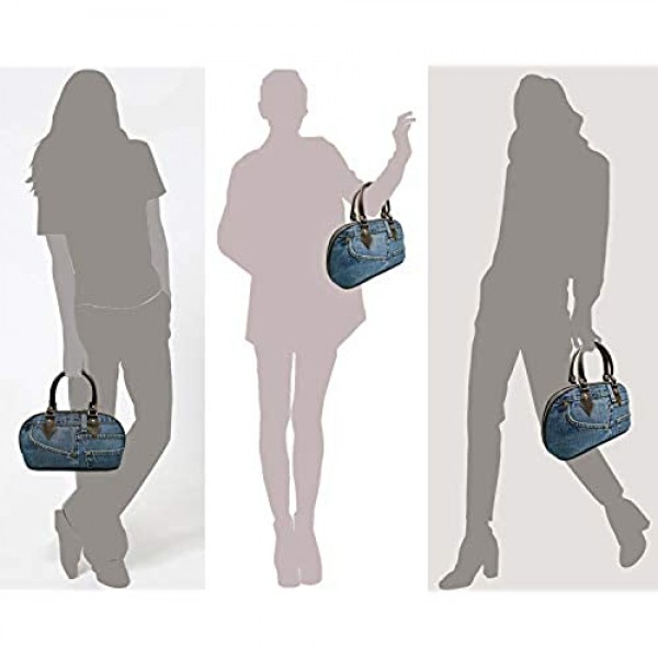 Bijoux de Ja Blue Denim Leather Trim Curved Shape Top Handle Handbag Purse (Brown)