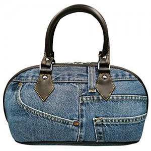 Bijoux de Ja Blue Denim Leather Trim Curved Shape Top Handle Handbag Purse (Brown)