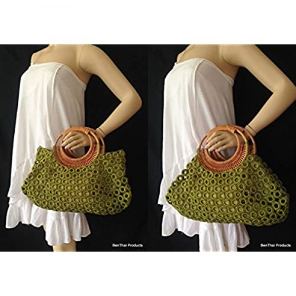 BTP Women's Handmade Crochet Bag Rattan Loop Top Handles Handbags