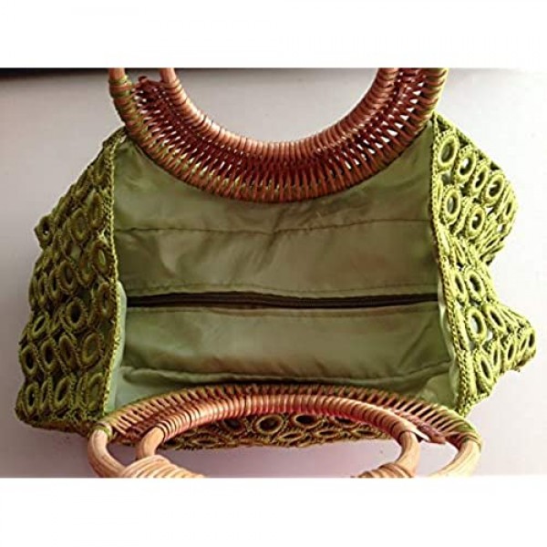 BTP Women's Handmade Crochet Bag Rattan Loop Top Handles Handbags