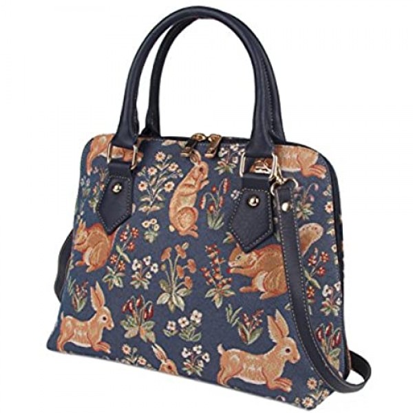 Signare Tapestry Handbag Satchel Bag Shoulder bag and Crossbody Bag and Purse for women with Millie Fleur Rabbit and Squirrel Blue (CONV-FORE)